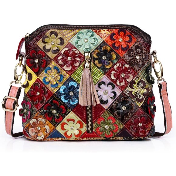 Handbags - Leather Crossbody Bag Women Multicolor Rainbow Flower Small Purse Adjustable